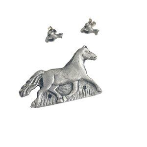 Vintage Unbranded Pewter Finish Mare Brooch with Integrated Foal Pierced Stud Ea
